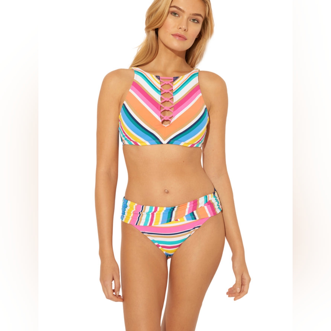 Nwt 2pc- Bleu Rod Beattie Lace-Up Color Bomb Multi Top & Sarong Bottom Bikin